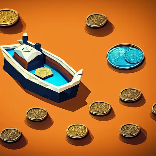 Image similar to boat in the dessert filled with coin and jewl collectables, game concept, low poly, horizontal view