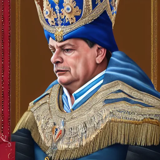 Prompt: an extremely realistic portrait depicting the coronation of viktor orban dressed in royal national costume, on the frozen danube, detailed, intricate, elegant, highly detailed, hyper realistic face, digital painting, artstation, concept art, smooth, sharp focus, illustration,