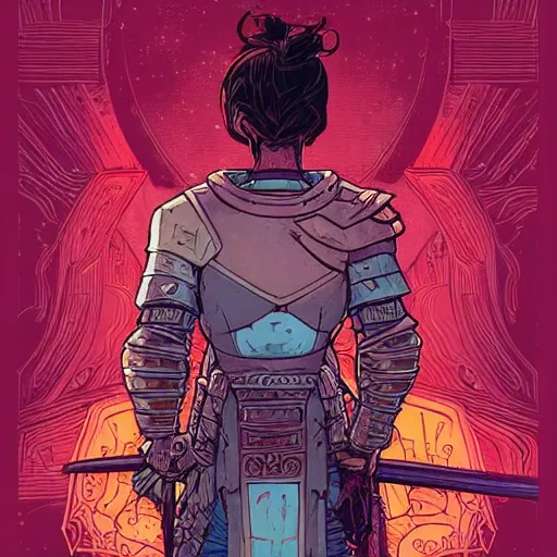 Image similar to portrait of the back of a paladin with great sword, standing, Borderlands and by Feng Zhu and Loish and Laurie Greasley, Victo Ngai, Andreas Rocha, John Harris