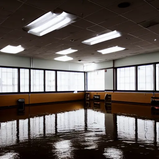 Prompt: photo of a middle school classroom, the floor is flooded with one meter deep water. eerie, volumetric lighting