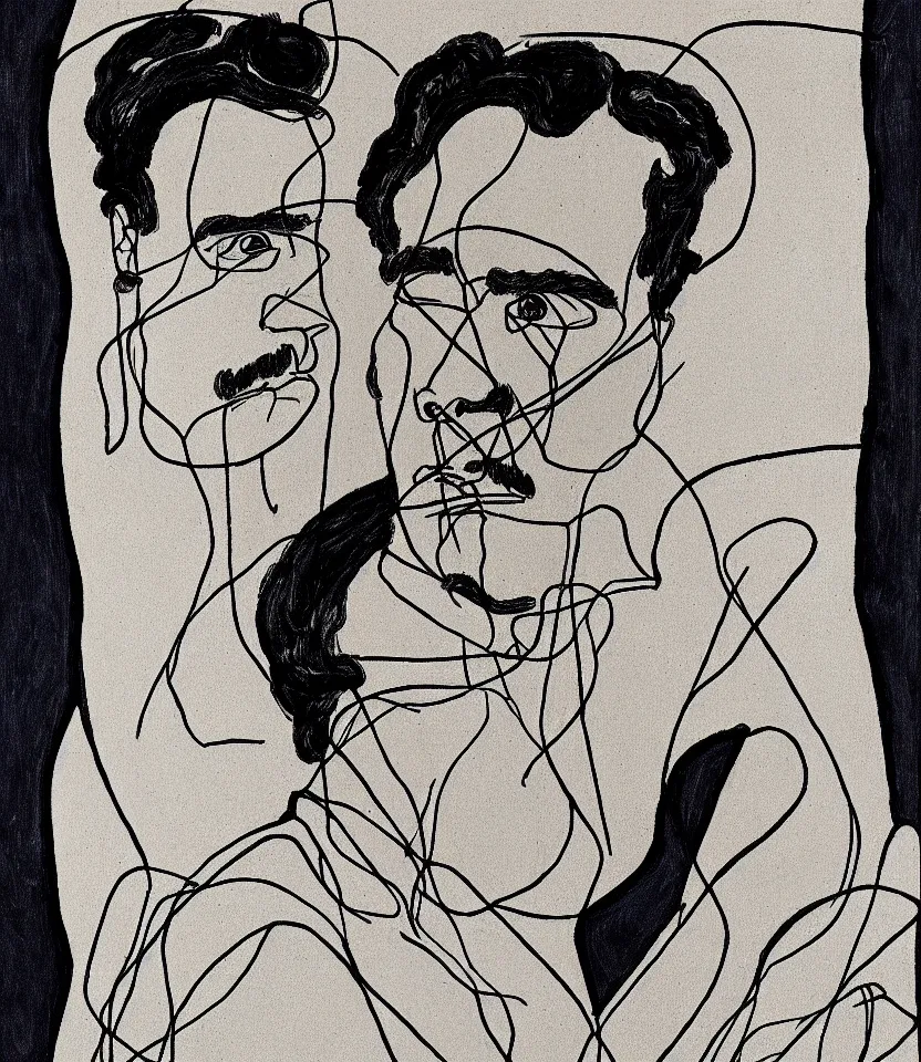 Prompt: elegant ultrafine line art portrait of german philosopher frierich nietzsche, inspired by egon schiele. contour lines, musicality, twirls and curves, strong personality, minimalism