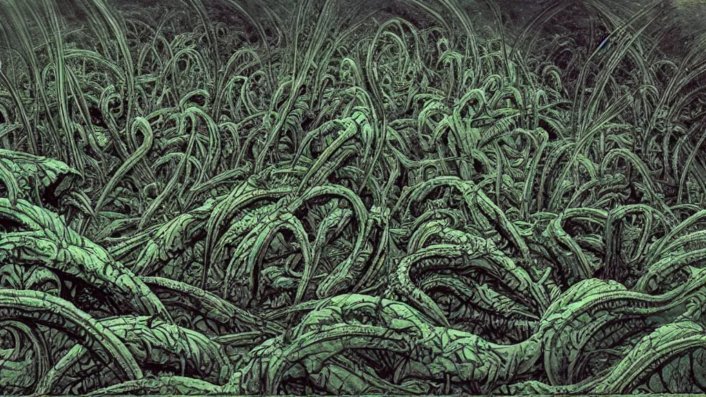 Prompt: alien cannabis landrace field in the style of H.R. Giger, Zdzislaw Beksinski and Todd McFarlane