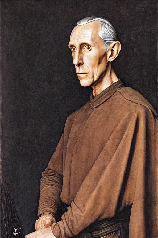 Image similar to portrait of jedi master wilhuff tarkin, oil painting by jan van eyck, northern renaissance art, oil on canvas, wet - on - wet technique, realistic, expressive emotions, intricate textures, illusionistic detail