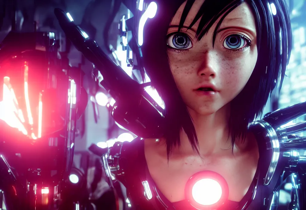 Prompt: shot of film alita by cyberpunk and syntwave syle, human like a cyborg, character design, full body in data center, extreamly detailed data center, symmetry, realistic, cinematic, awesome composition, color balance, professional lighting diffracted lightray, trending on artstation, volumetric lighting, octane render