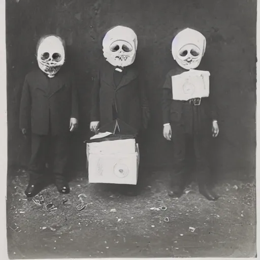 Image similar to portrait of children wearing santa masks, photograph, style of atget, 1 9 1 0, creepy, dark