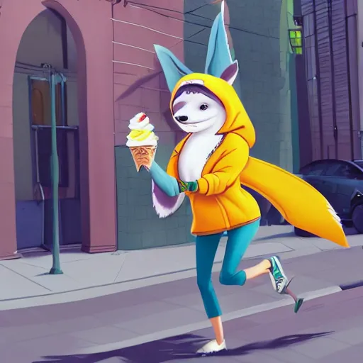 Prompt: furry art of female shark walking down the street holding an icecream cone, digital art, artstation, 4K, detailed, wearing yellow hoodie, zootopia, detailed face, anthromorphic,