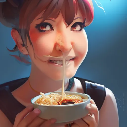 Image similar to Overwatch girl eating Ramen. By ilya kuvshinov, krenz cushart, Greg Rutkowski, trending on artstation. Glossy materials, sharp highlights, amazing textured brush strokes, accurate shape, clear curvy details, cinematic soft volumetric studio lighting, with backlight, VFX, HDR