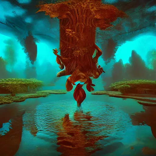 Image similar to beautiful symmetrical an old silent pond angels jump into the pond splash! silence again, surrounded by machine axonometric fantasy intricate elegant highly detailed in volumetric void of latent space lush flowers surround, realm of the gods golden turquoise steampunk, high contrast cinematic light, mystical shadows, octane render, photographic, concept art, art high renaissance art, unreal engine 8 k