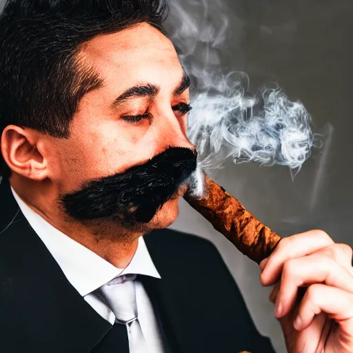 Image similar to black cat smoking cigar and wearing suit. award winning photo. high quality high fidelity. 4 k. unsplash.