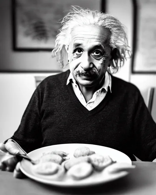 Image similar to A photo of Albert Einstein eating Idli Sambar, highly detailed, trending on artstation, bokeh, 90mm, f/1.4