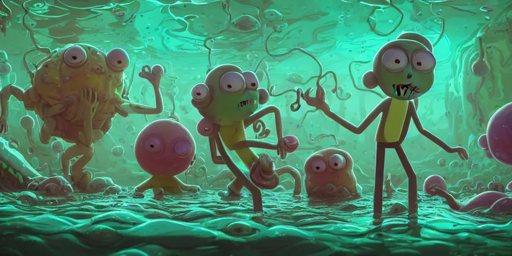 Prompt: of an intricate murky rick and morty microscopic swamp with strange cute pudgy creatures with huge eyes, long tongue and big nose appearing from the waters, in the style of jeff koons, macro lens, shallow depth of field, highly detailed, digital painting, trending artstation, concept art, illustration, cinematic lighting, vibrant colors, photorealism, epic, octane render