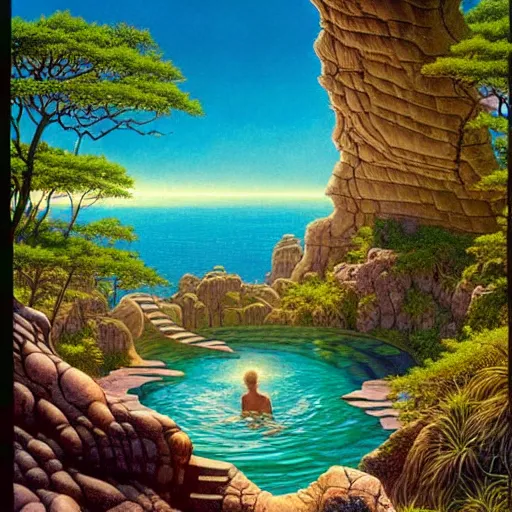 Prompt: Fantasy illustration by Clyde Caldwell You step to the edge of the rocky opening and peer over. You see a tranquil pool of water and a sandy beach 20 feet below. The opening’s bottom leads to a cave, its verdant flora a stark contrast to the rocky sides. You hear chirruping animals sounds emanating from the opening.