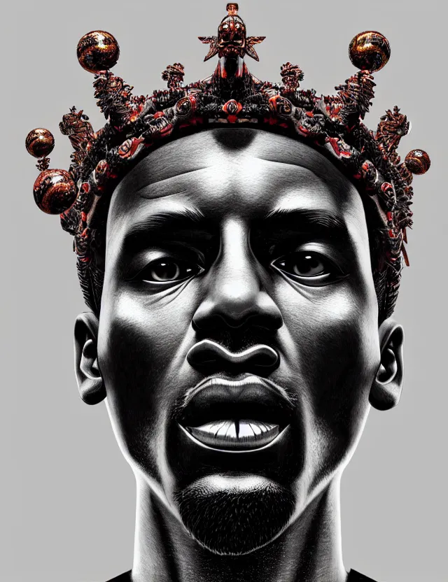 Image similar to symmetrical, centered, zbrush sculpt of michael jordan close - up portrait with crown made of skulls. phoenix betta fish, phoenix, bioluminiscent creature, super intricate ornaments artwork by tooth wu and wlop and alena aenami and greg rutkowski