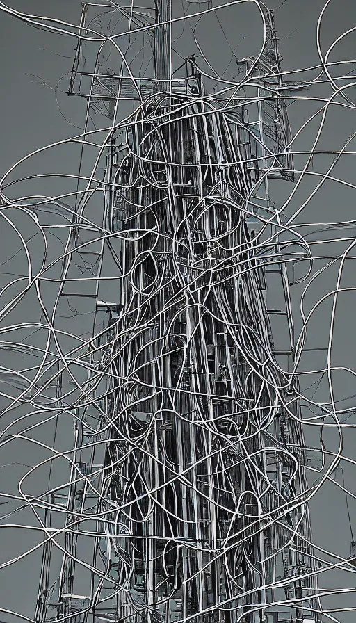 Prompt: colossal monster made of large communication towers, wrapped in heavy cables and wires, with broken glass teeth, digital art