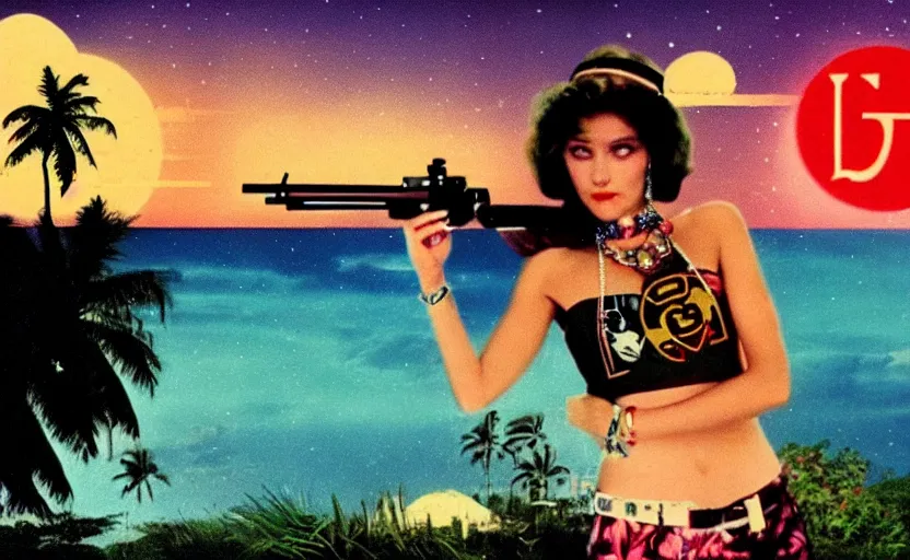 Prompt: 1 9 8 6 vintage movie screencap of a girl with a gun on a narco mansion, gucci clothes, night sky, beach and tropical vegetation on the background major arcana sky and occult symbols, 1 9 8 6 photo