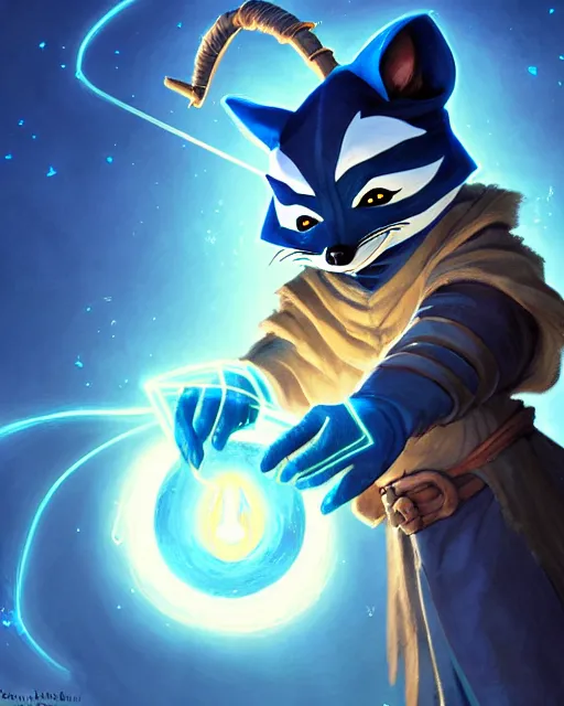 Prompt: closeup, highly detailed digital illustration portrait of hooded sorcerer sly cooper raccoon casting a magical energy sparkling blue glowing spell in an ancient castle, action pose, d & d, magic the gathering, by rhads, frank frazetta, lois van baarle, jean - baptiste monge, disney, pixar,