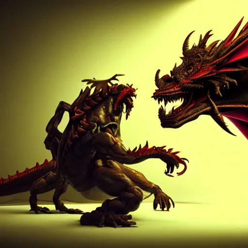 Image similar to hyperrealism aesthetic in araki nobuyoshi and caravaggio style computer simulation visualisation of parallel universe dramatic scene with detailed dragon that fighting with detailed orks and wearing retrofuturistic sci - fi neural interface designed by josan gonzalez. hyperrealism volumetric natural light rendered in blender