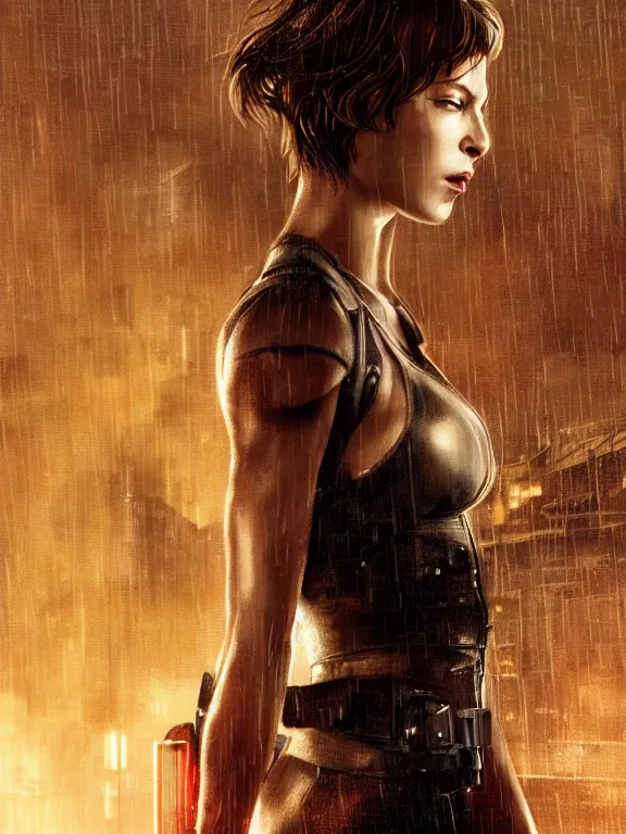 Image similar to portrait of Milla Jovovich from Resident Evil fighting in the wreckage city in the rain,by tom bagshaw,Cedric Peyravernay,James Paick,Ted Nasmith, peter gric,Hugh Ferriss,trending on artstation,8k,Blade Runner 2049,ultra realistic,high detail,golden ratio,cinematic lighting,maximalist