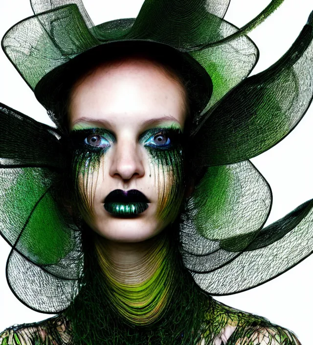 Prompt: photography face portrait of one female fashion model in rainforest, wearing a hat designed by iris van herpen, creative colorfull - makeup, curly hair style half long, photography by paolo roversi nick knight, helmut newton, avedon, and araki, natural pose, highly detailed
