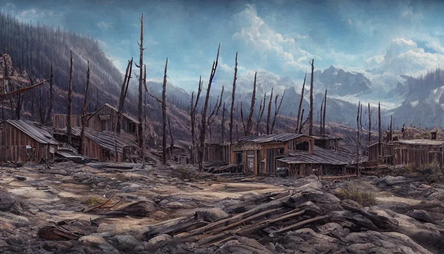 Prompt: A cliffside lumberyard in a barren Yukon landscape, highly detailed matte painting