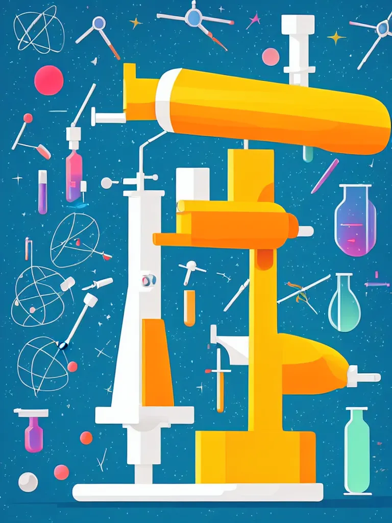 Image similar to editorial illustration scientific lab test tube telescope microscope spaceship, colorful modern, mads berg