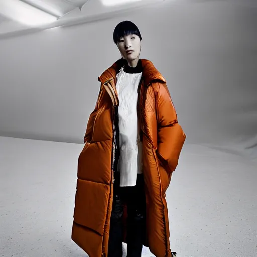 Image similar to extremely beautiful photograph of a young pretty korean woman wearing huge oversized very baggy large puffer jacket in the style of vetements, well lit, studio lighting, glossy, vogue, very realistic and beautiful fashion photography, moncler genius, balenciaga, yeezy, kanye west, balenciaga, vetements