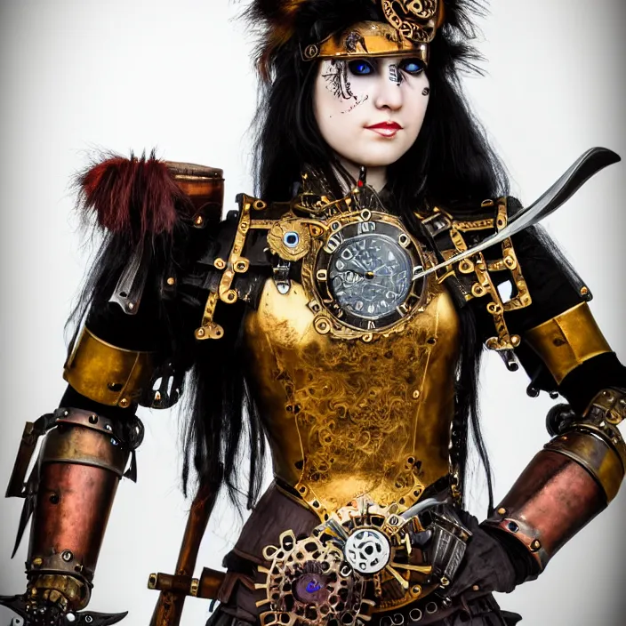 Image similar to full length photograph of a real - life very beautiful clockpunk warrior. extremely detailed. dslr. 8 5 mm.