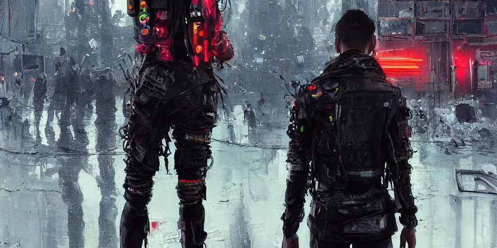 Prompt: detailed portrait Neon guard boy with short dark hair seen from the back, cyberpunk futuristic, reflective puffer jacket, black leggings, decorated with traditional ornaments in front of a dystopian crowd with piles of garbage by Ismail inceoglu dragan bibin hans thoma, Perfect face, fine details, realistic shaded, fine-face, pretty face