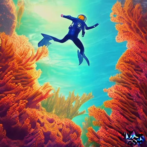 Prompt: spaceman floating underwater, corals, 4 k digital art, artwork