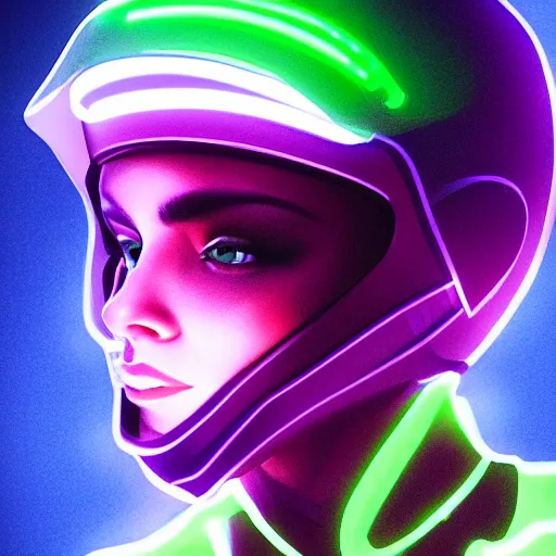 Prompt: a woman wearing a helmet which has neon on it very detailed with a great landscape, artstation unreal in portrait