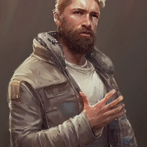 Prompt: portrait of a man by greg rutkowski, cade skywalker, messy blond hair, beard, tall and muscular, star wars expanded universe, he is about 3 0 years old, wearing a flying jacket, highly detailed portrait, digital painting, artstation, concept art, smooth, sharp foccus ilustration, artstation hq