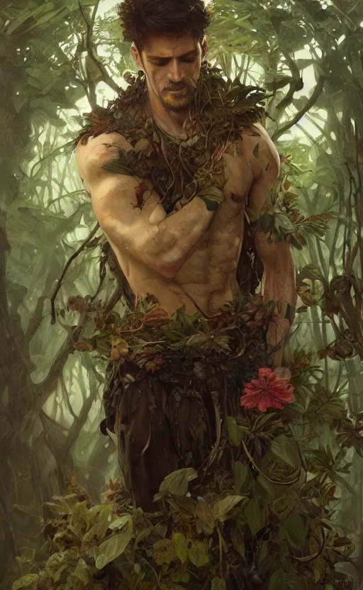 Prompt: god of the forest, 3 0 years old, rugged, handsome, male, detailed face, clean lines, atmospheric lighting, amazing, full body, thighs, flowers, muscular, intricate, highly detailed, digital painting, deviantart, concept art, sharp focus, illustration, art by greg rutkowski and alphonse mucha