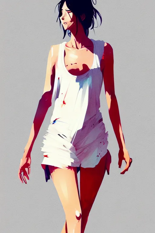 Image similar to a ultradetailed full body portrait of a woman dressed in a white tank top, by conrad roset, greg rutkowski and makoto shinkai trending on artstation