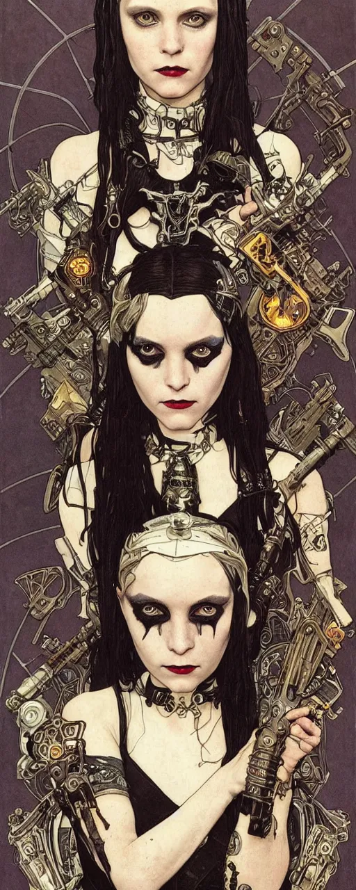 Image similar to beautiful stunning sci - fi art nouveau portrait of wednesday addams as a mad max style thrashpunk rebel soldier by michael kaluta, moebius and alphonse mucha, photorealism, extremely hyperdetailed, perfect symmetrical facial features, perfect anatomy, ornate declotage, weapons, circuitry, high technical detail, determined expression, piercing gaze