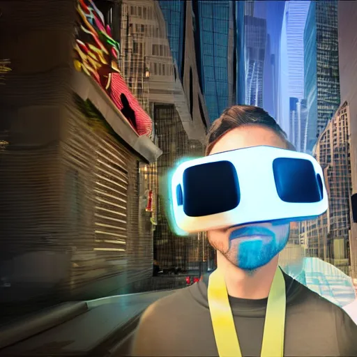 Image similar to Super hero wearing a virtual reality headset in big city, render, ray tracing