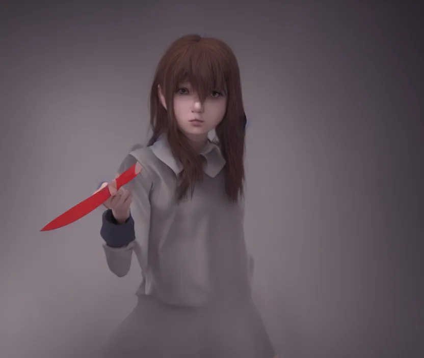 Prompt: school girl holding a knife, gloomy and foggy atmosphere, octane render, artstation trending, horror scene, highly detailded