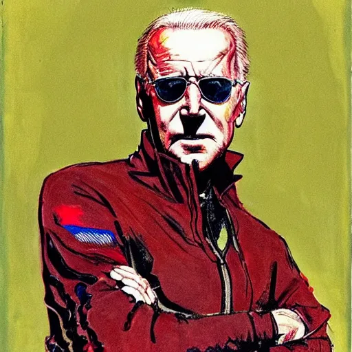 Image similar to Joe Biden full body portrait, Techwear, Cyberpunk, painting by Ralph Steadman, Francis Bacon, Hunter S Thompson