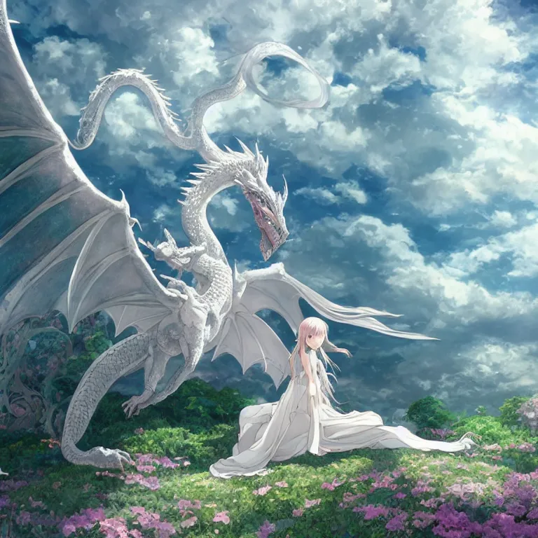 Image similar to the beautiful hyper detailed scene render that a lonely beautiful girl lies in the arms of a huge silver white dragon alone in fairyland surrounded by white clouds, finely detailed angelic face delicate features, style of studio ghibli, makoto shinkai, raphael lacoste, louis comfort tiffany, artgerm, james jean, ross tran, animation style, hd, ultra wide angle