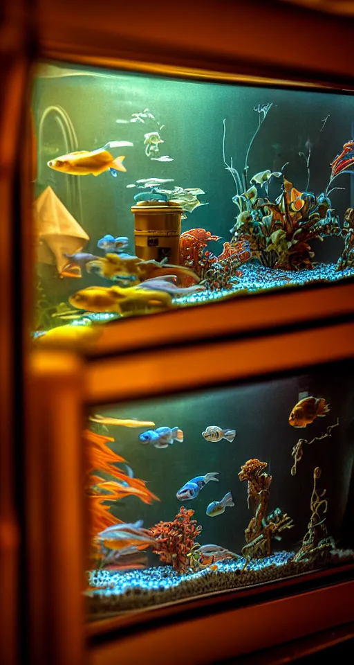 Image similar to telephoto 7 0 mm f / 2. 8 iso 2 0 0 photograph depicting the feeling of chrysalism in a cosy safe cluttered french sci - fi art nouveau cyberpunk apartment in a dreamstate art cinema style. ( ( fish tank ) ), ambient light.