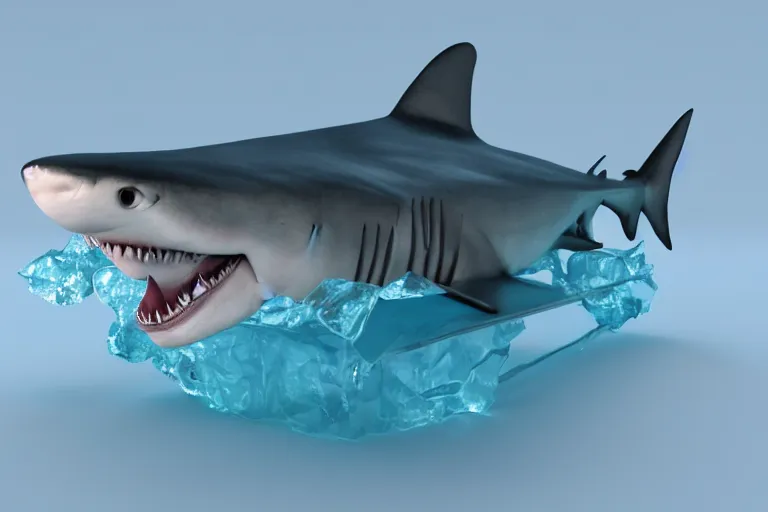 Prompt: a shark frozen within an ice cube, 3d render, cgi, 3d model, studio lighting