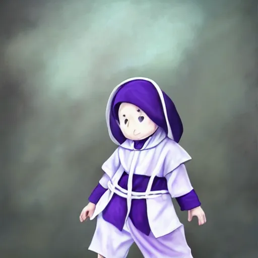 Image similar to little boy wearing nun outfit. purple and black color palate, detailed soft painting, made in abyss art style, inspired in hirohiko araki