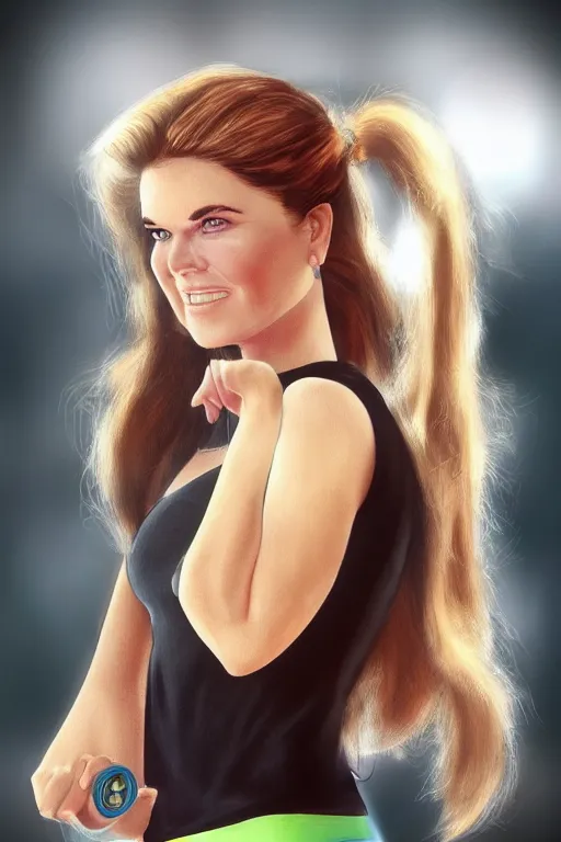 Image similar to mix of beautiful young maria shriver, mariel hemmingway, brooke shields, nicole kidman and elle macpherson as a zumba instructor, thin lips, hair tied up in a pony tail, dark blonde hair, colorful, artstation, cgsociety