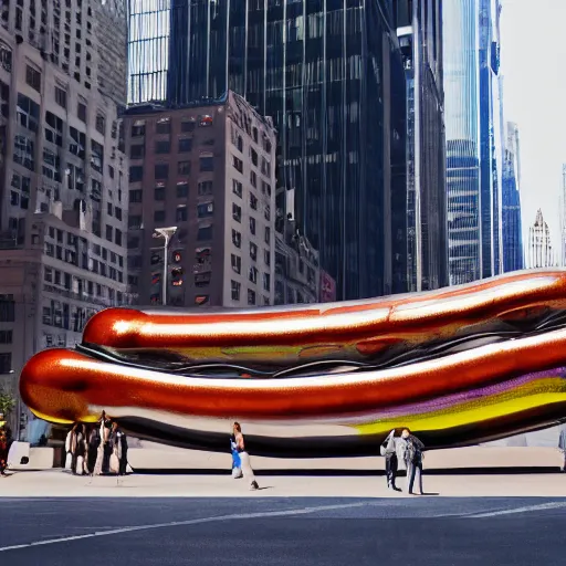 Prompt: a photograph of a giant chrome metallic hotdog sculpture in the center of a new york street, a large crowd have gathered, by jeff koons, pop art, 3D render, Volumetric dynamic lighting, Highly Detailed, Cinematic Lighting, Unreal Engine, 8k, HD