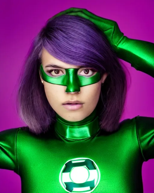 Image similar to a beautiful girl with purple skin wearing the uniform of a Green Lantern, photorealistic, studio lighting, shot in the style of Mario Testino.