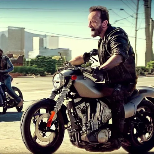 Image similar to VFX movie of Mark Zuckerbeg plays Terminator, rides a Harley motorobike, action scene be Emmanuel Lubezki