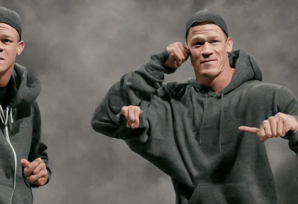 Image similar to john cena with a gray cap and a gray hoodie with the hood on. John Cena rapping in front of a crowd of people. Industrial setting. Lose yourself by eminem music video.