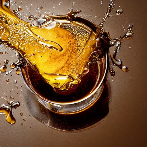 Image similar to honey splashing into honey, hyper realistic, award winning food photography