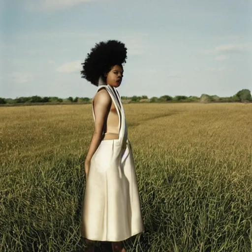 Image similar to realistic!!! photoshoot for a new dior lookbook, color film photography, portrait of a beautiful woman, location on a open field, in style of tyler mitchell, 35mm