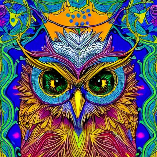 Prompt: Owl head in the style of art nouveau, colorful, detailed, hyper-detailed, fractals