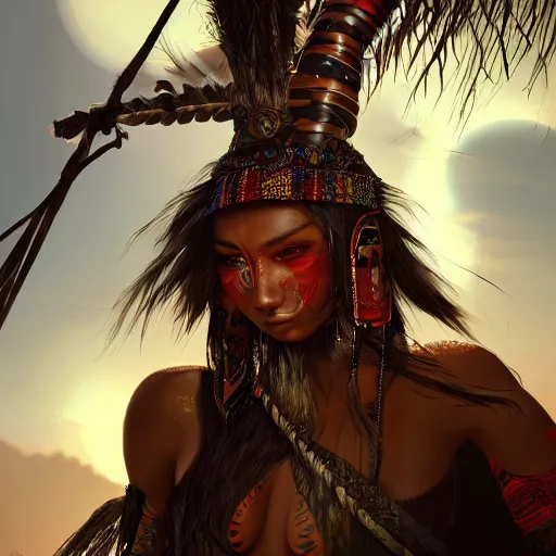 Prompt: hyperrealistic very beautiful tribal warrior women in front of a village, lucious appearance, joyful vibe and lighting, cgsociety, artstation, in the style of artgerm